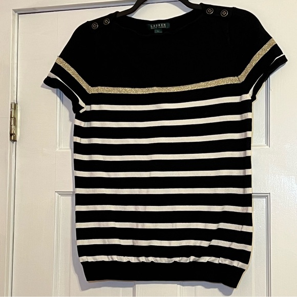 Lauren Ralph Lauren Tops - #84 LAUREN RALPH LAUREN BLACK AND WHITE STRIPED TOP W. GOLD ACCENTS LARGE
